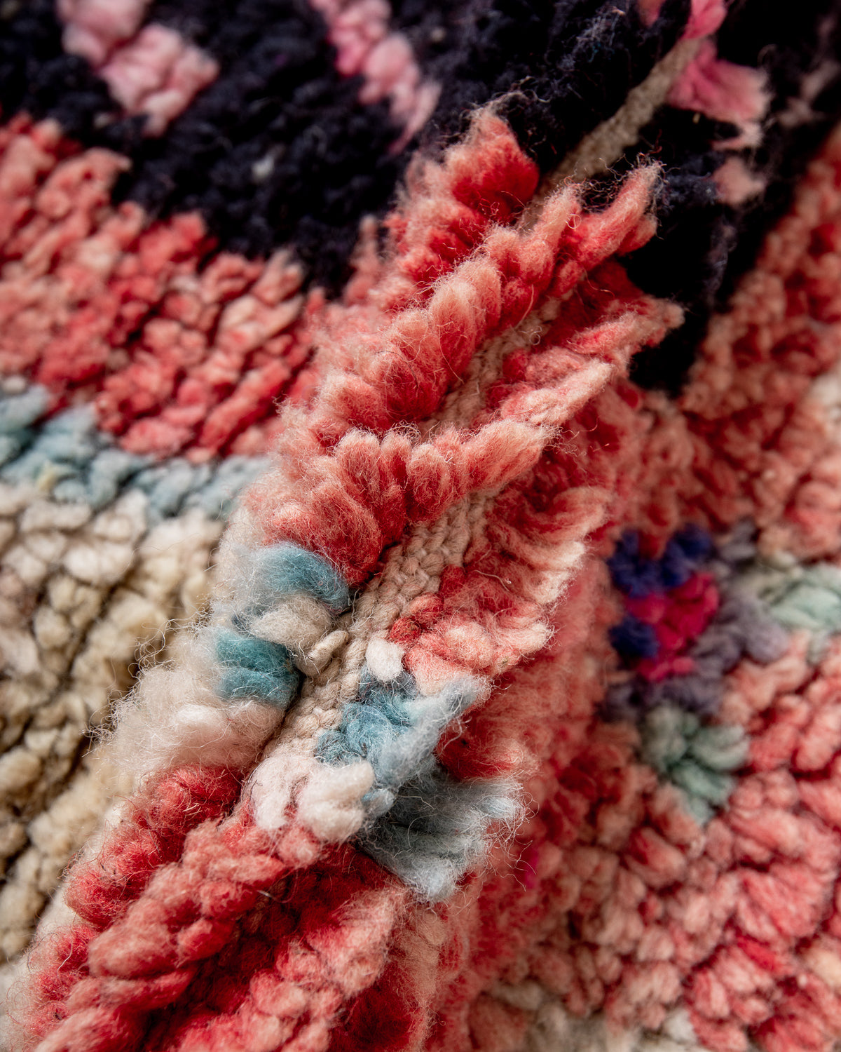 Modern, designer, handcrafted Berber rug from Morocco. Vintage carpet with beautiful colours and patterns and fluffy texture.